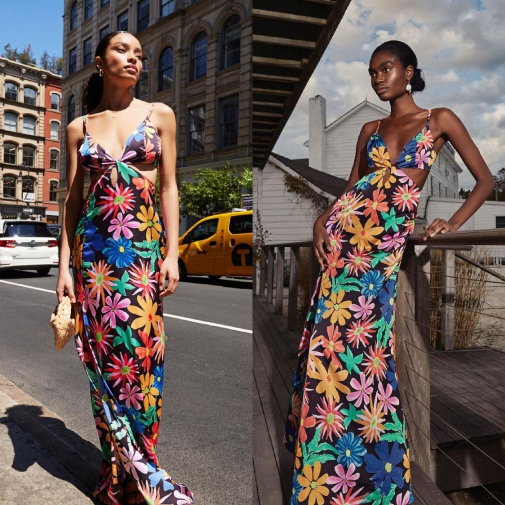 PatBO Aster Cutout Maxi Dress Slit V Neck Rainbow 0